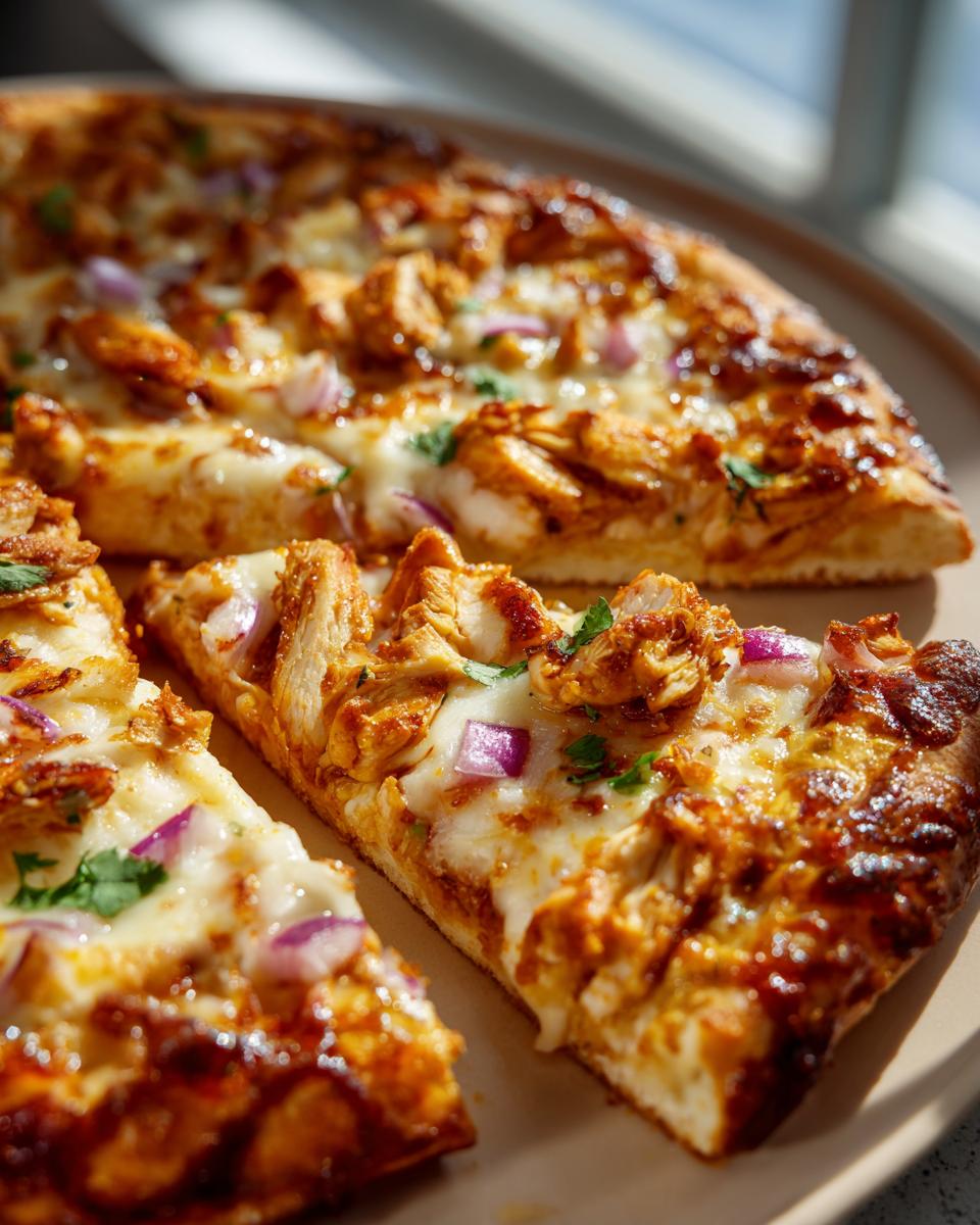 Close-up of delicious BBQ chicken pizza slices topped with melted cheese, red onions, and cilantro.