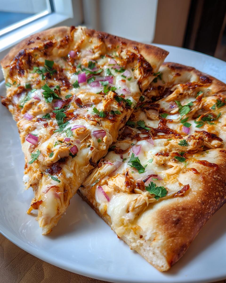 Two slices of BBQ chicken pizza topped with shredded chicken, red onions, melted cheese, and fresh parsley.
