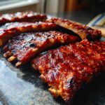 Close-up of tender BBQ ribs coated in a glossy, dark glaze, ready to be served.