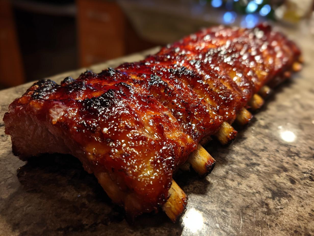 Close-up of a rack of tender BBQ ribs, glistening with a rich glaze and perfectly cooked.