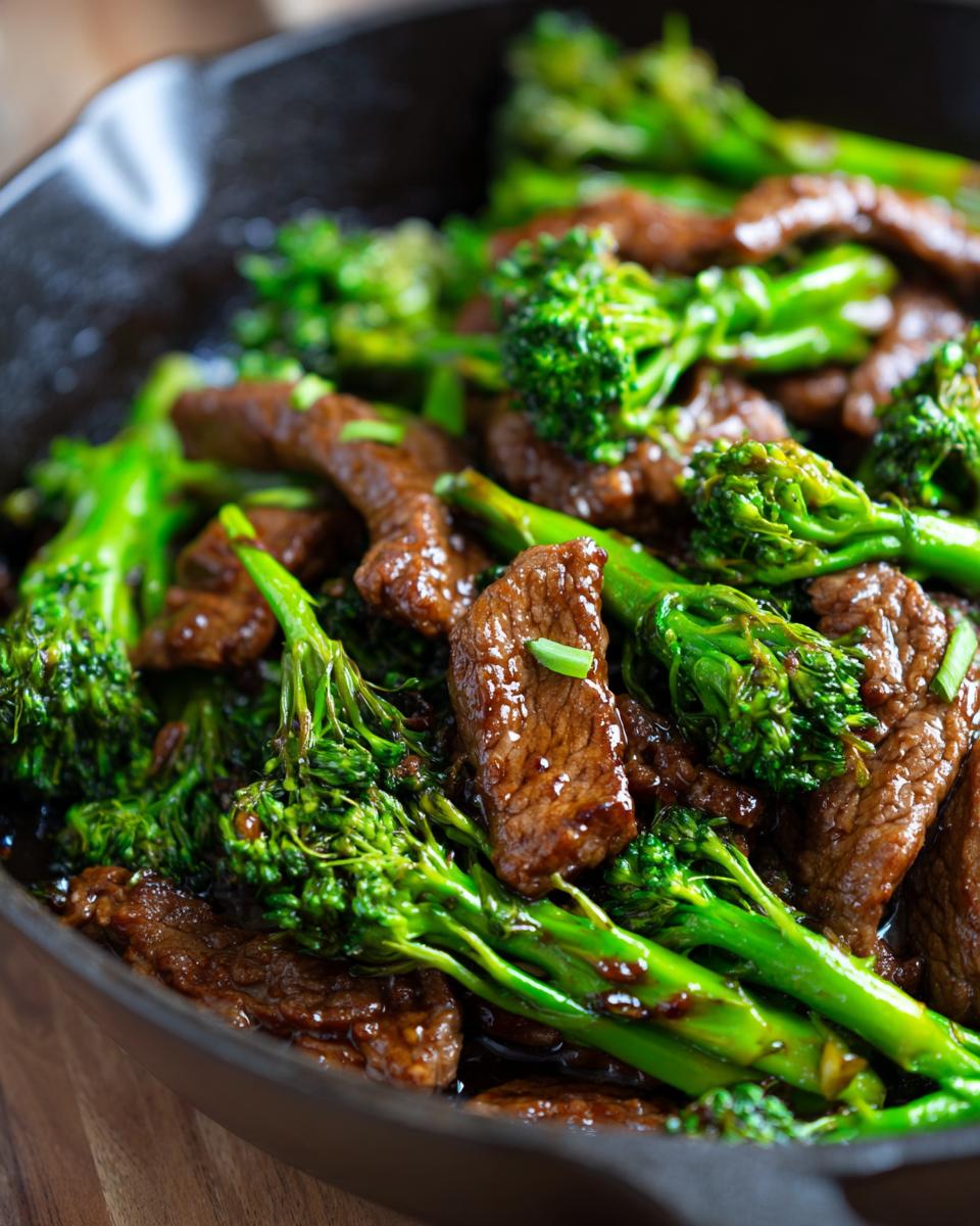 Close-up of tender slices of beef and vibrant broccoli florets coated in a glossy sauce in a cast-iron skillet.