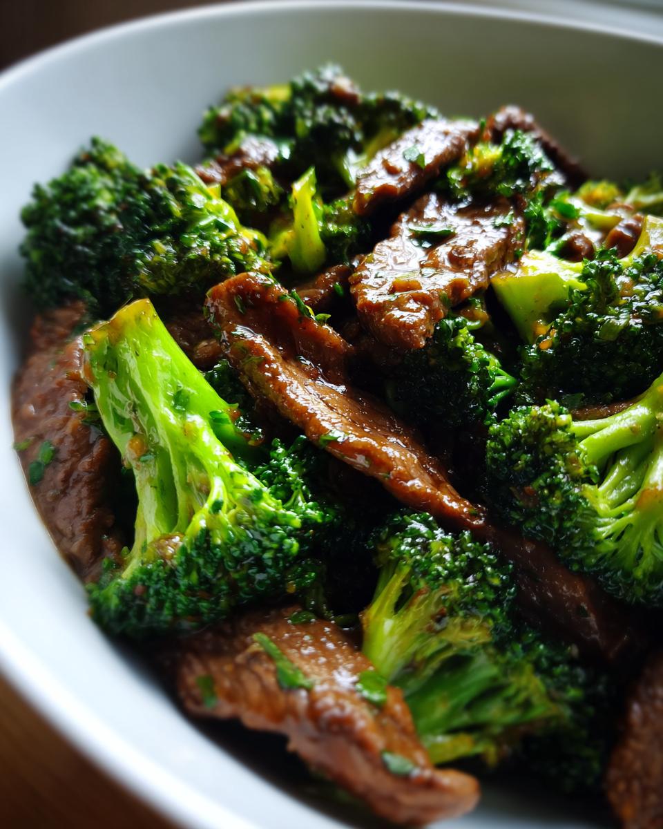 Close-up of tender slices of beef and vibrant green broccoli florets in a savory sauce, a perfect Beef and Broccoli dish.