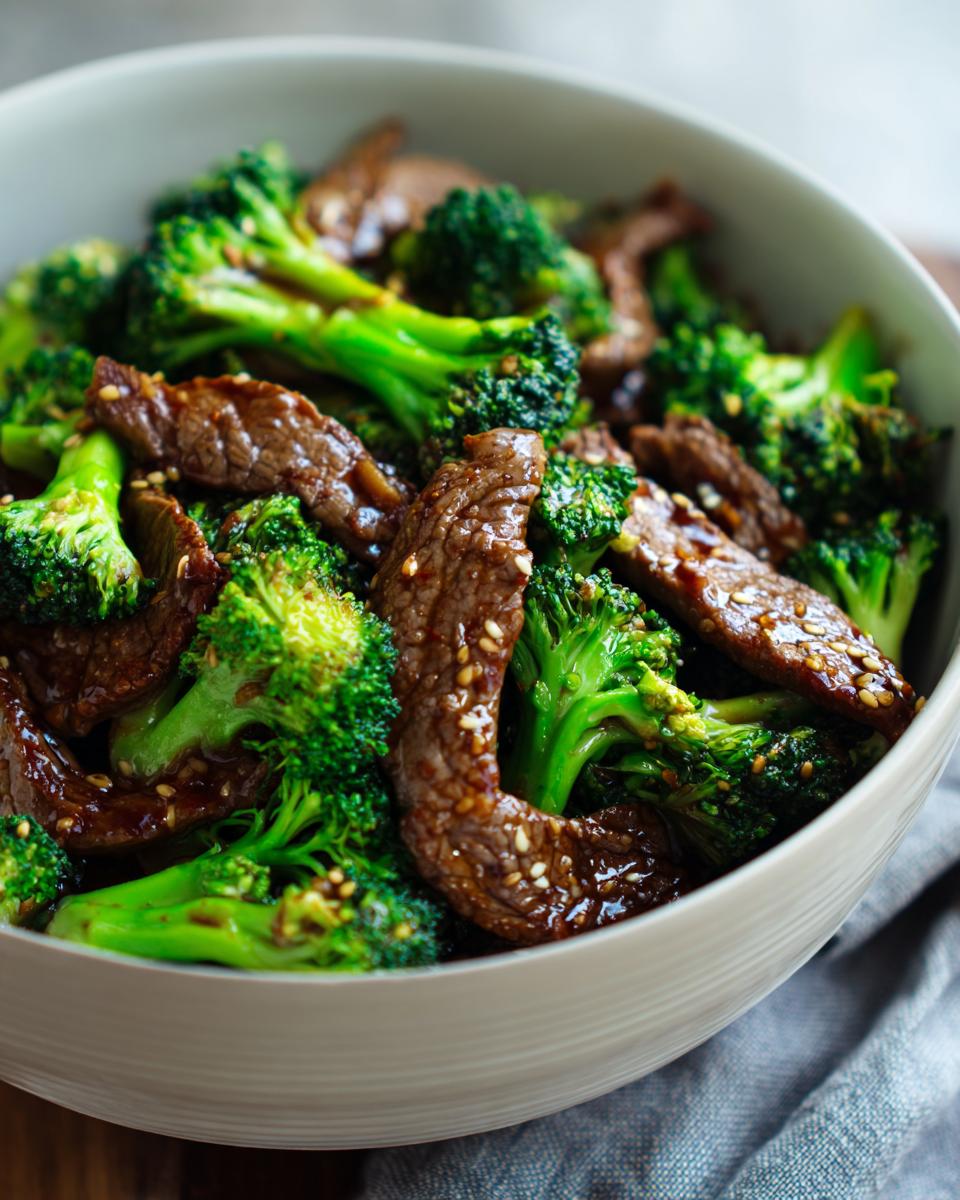 Close-up of a bowl filled with tender slices of beef and vibrant green broccoli florets, coated in a glossy sauce and sprinkled with sesame seeds.