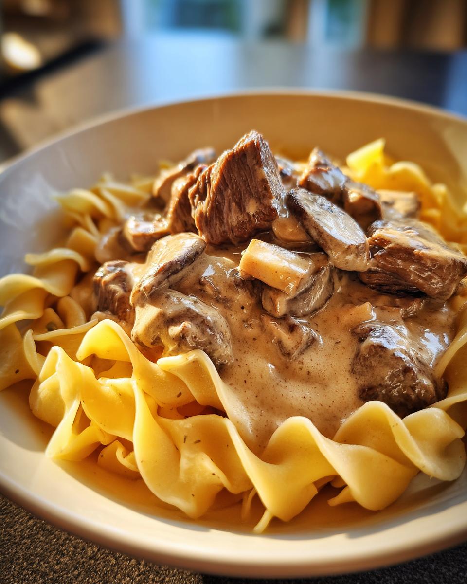 Close-up of a bowl of Beef Stroganoff served over wide egg noodles, with tender beef chunks and creamy mushroom sauce.