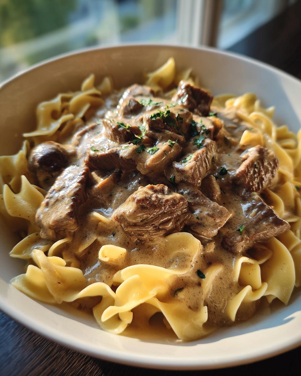 A close-up of a bowl of beef stroganoff served over wide egg noodles, garnished with fresh parsley.