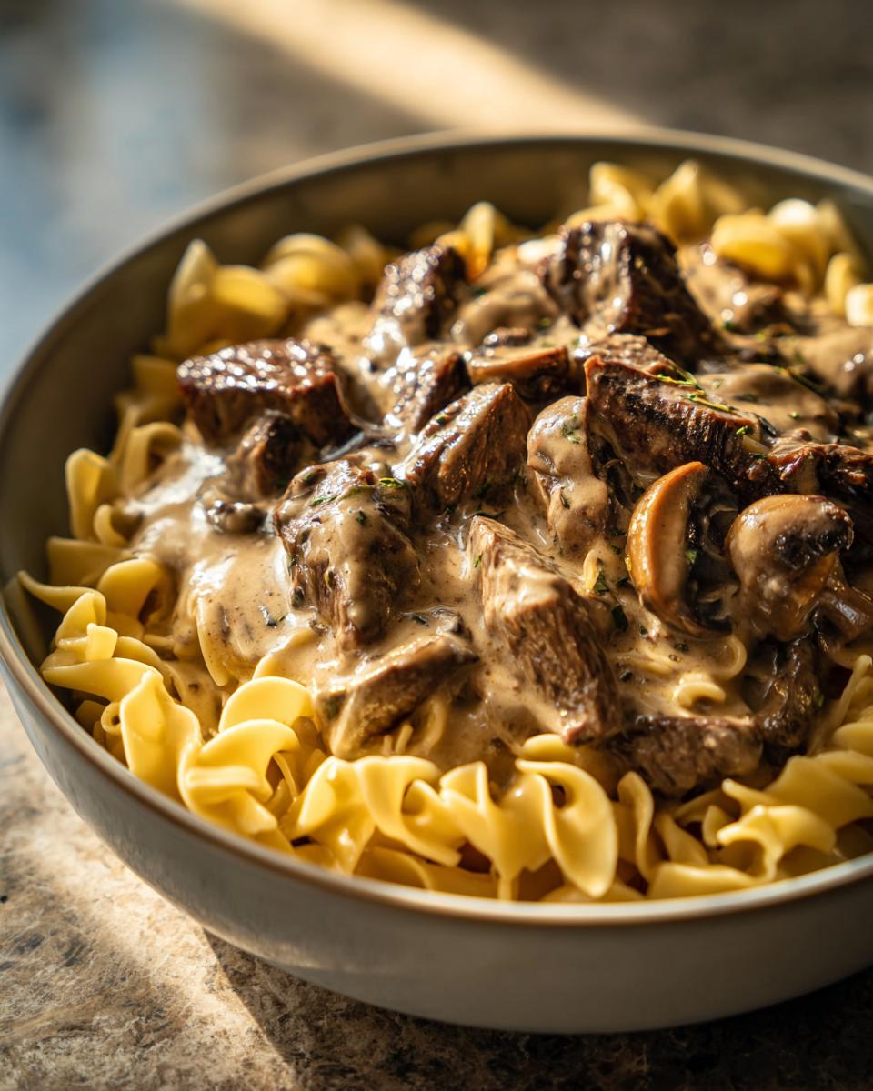 A close-up of a bowl of beef stroganoff served over wide egg noodles, featuring tender beef chunks and mushrooms in a creamy sauce.