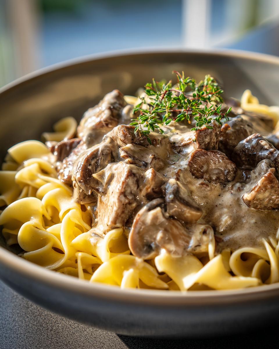 A close-up of a bowl of beef stroganoff served over egg noodles, garnished with fresh thyme.