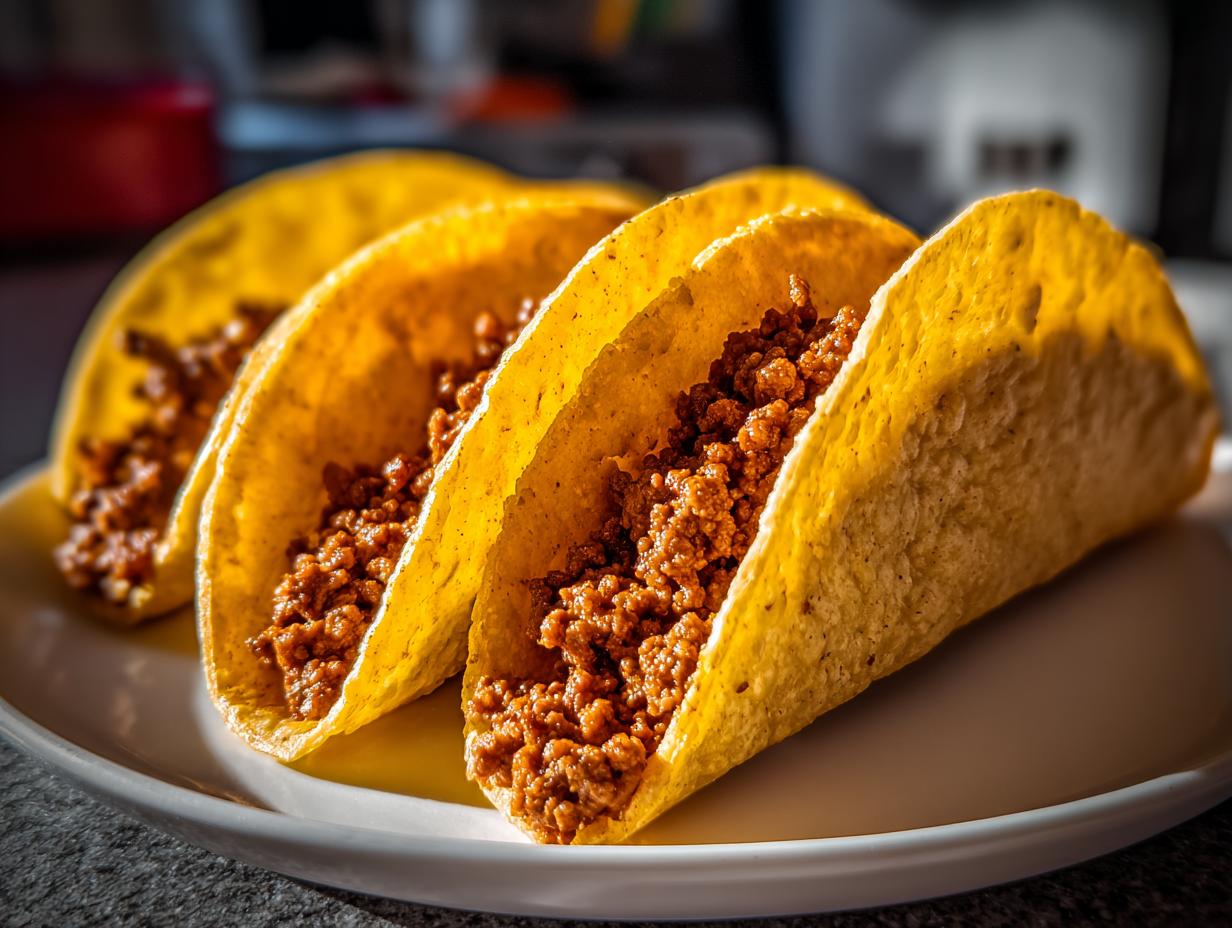 A close-up of three golden-brown corn tortillas filled with seasoned ground beef, showcasing delicious beef tacos.