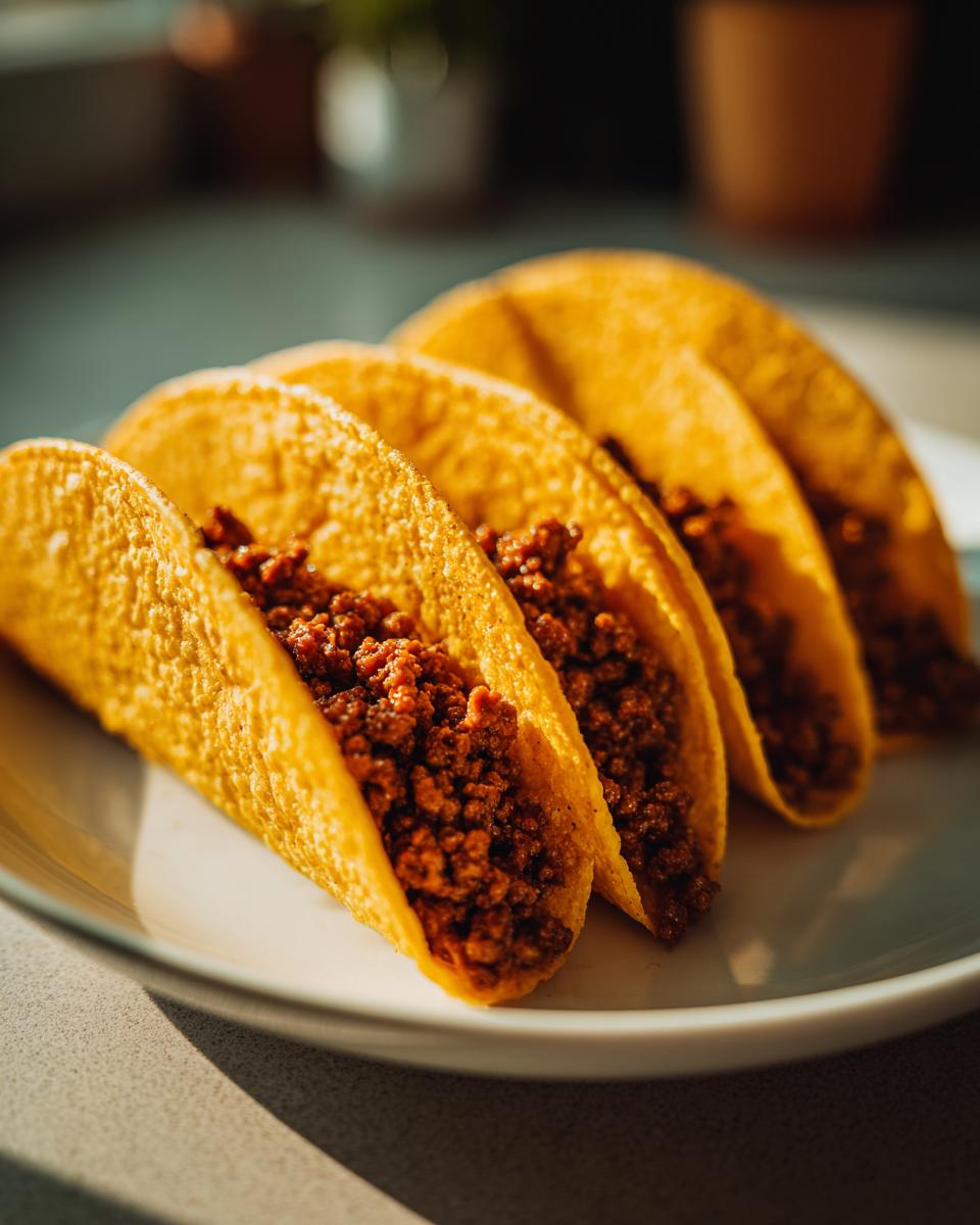A close-up of three crispy corn tortillas filled with seasoned ground beef, showcasing delicious beef tacos.