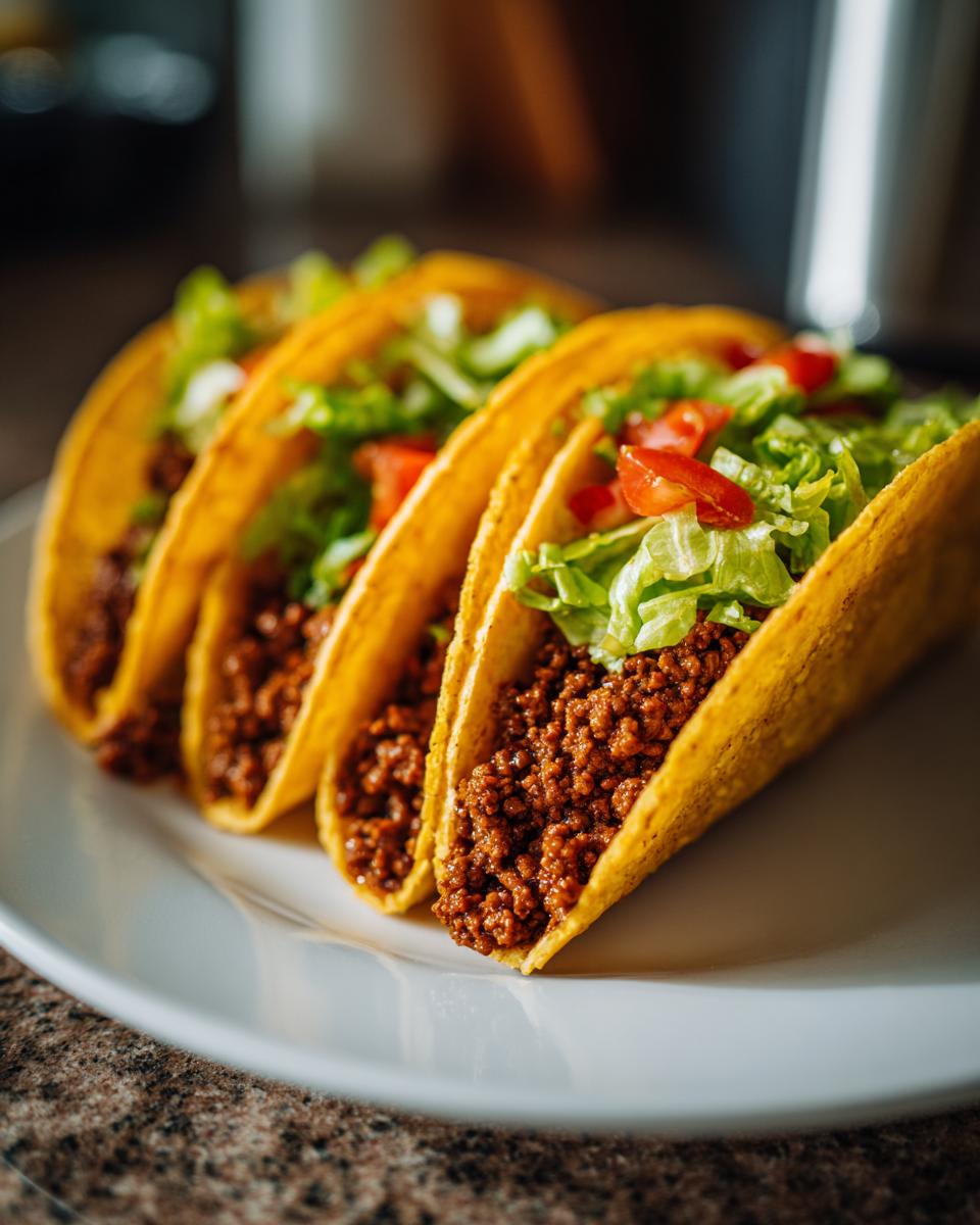 A close-up of three delicious beef tacos filled with seasoned ground beef, shredded lettuce, and diced tomatoes.