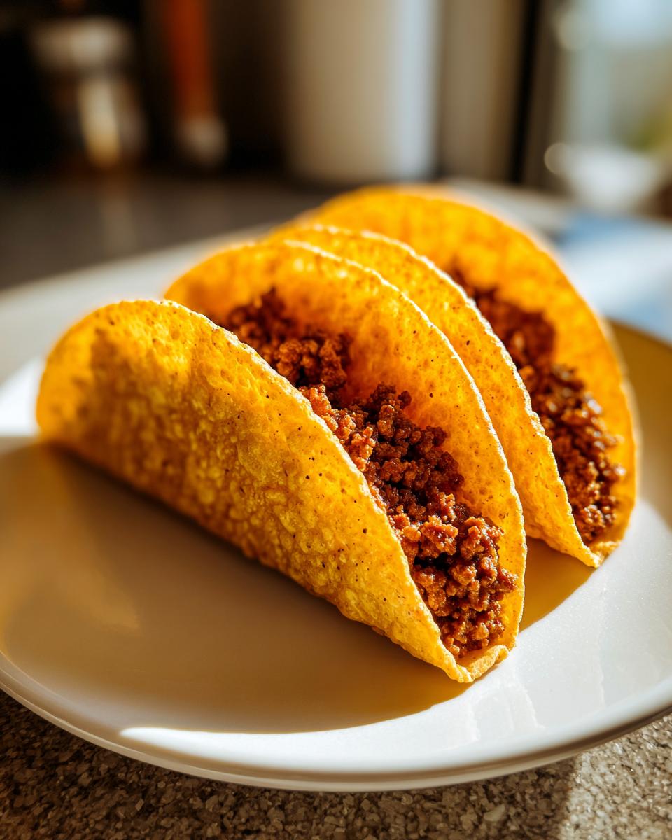 Three golden-brown corn tortillas filled with seasoned ground beef, showcasing delicious beef tacos.