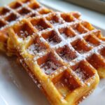Close-up of fluffy Belgian waffles dusted with powdered sugar on a white plate.