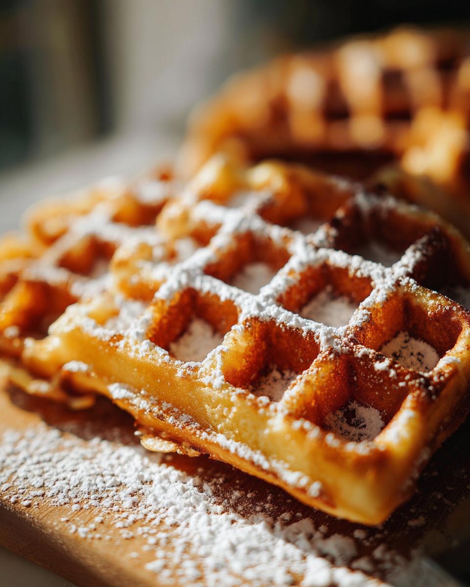 Close-up of golden Belgian waffles generously dusted with powdered sugar on a wooden board.