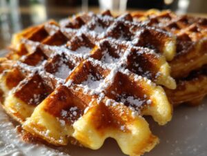 Close-up of golden brown Belgian waffles dusted with powdered sugar on a white plate.