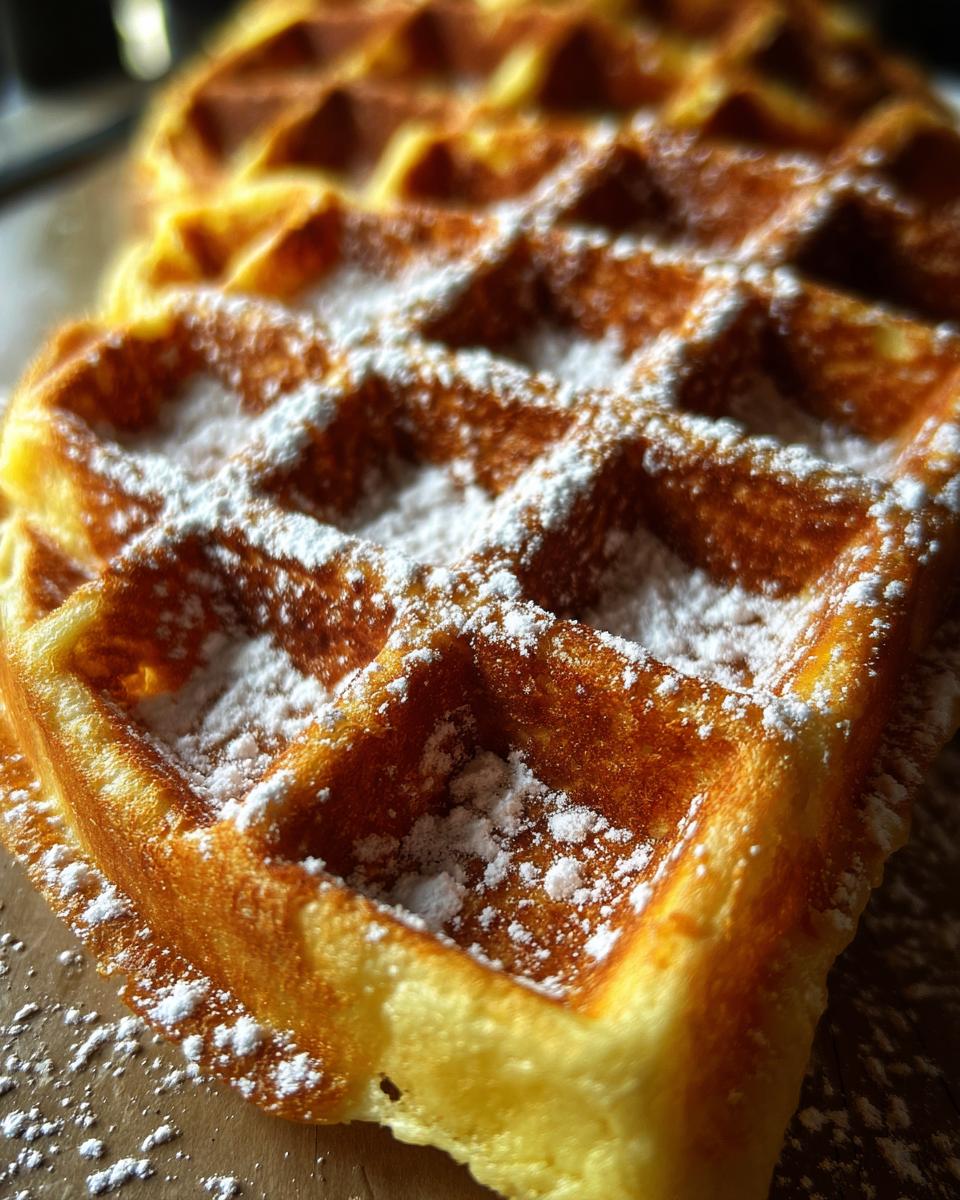 Close-up of golden brown Belgian waffles dusted with powdered sugar.