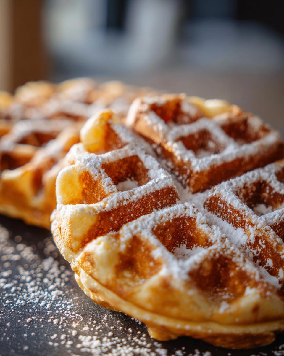 Close-up of two golden Belgian waffles dusted with powdered sugar on a dark surface.