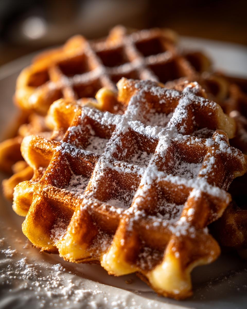 A close-up of a stack of golden-brown Belgian waffles dusted with powdered sugar.
