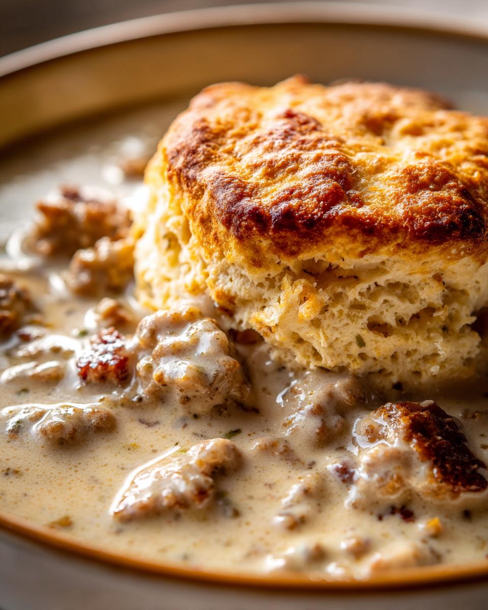 Close-up of a golden-brown, fluffy biscuit partially submerged in rich, creamy sausage gravy.