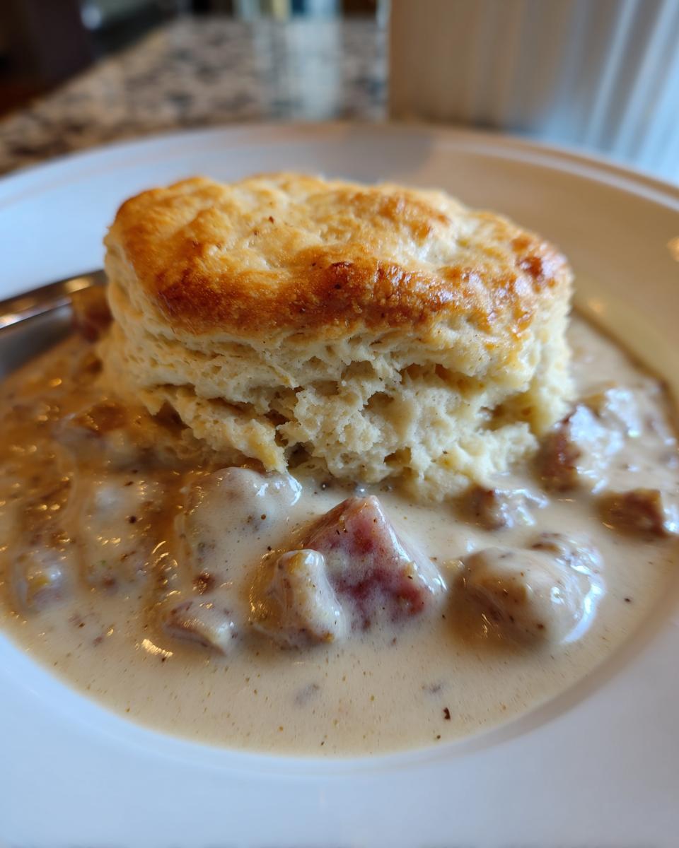 Close-up of a golden-brown biscuit sitting in creamy sausage gravy, a classic biscuits and gravy dish.