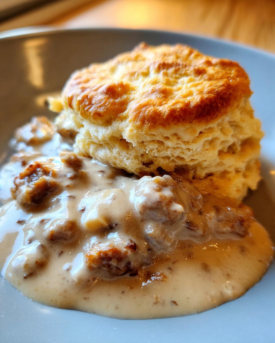 Close-up of fluffy biscuits and gravy, a classic comfort food dish.