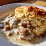 Close-up of a fluffy biscuit smothered in creamy sausage gravy, a classic comfort food.