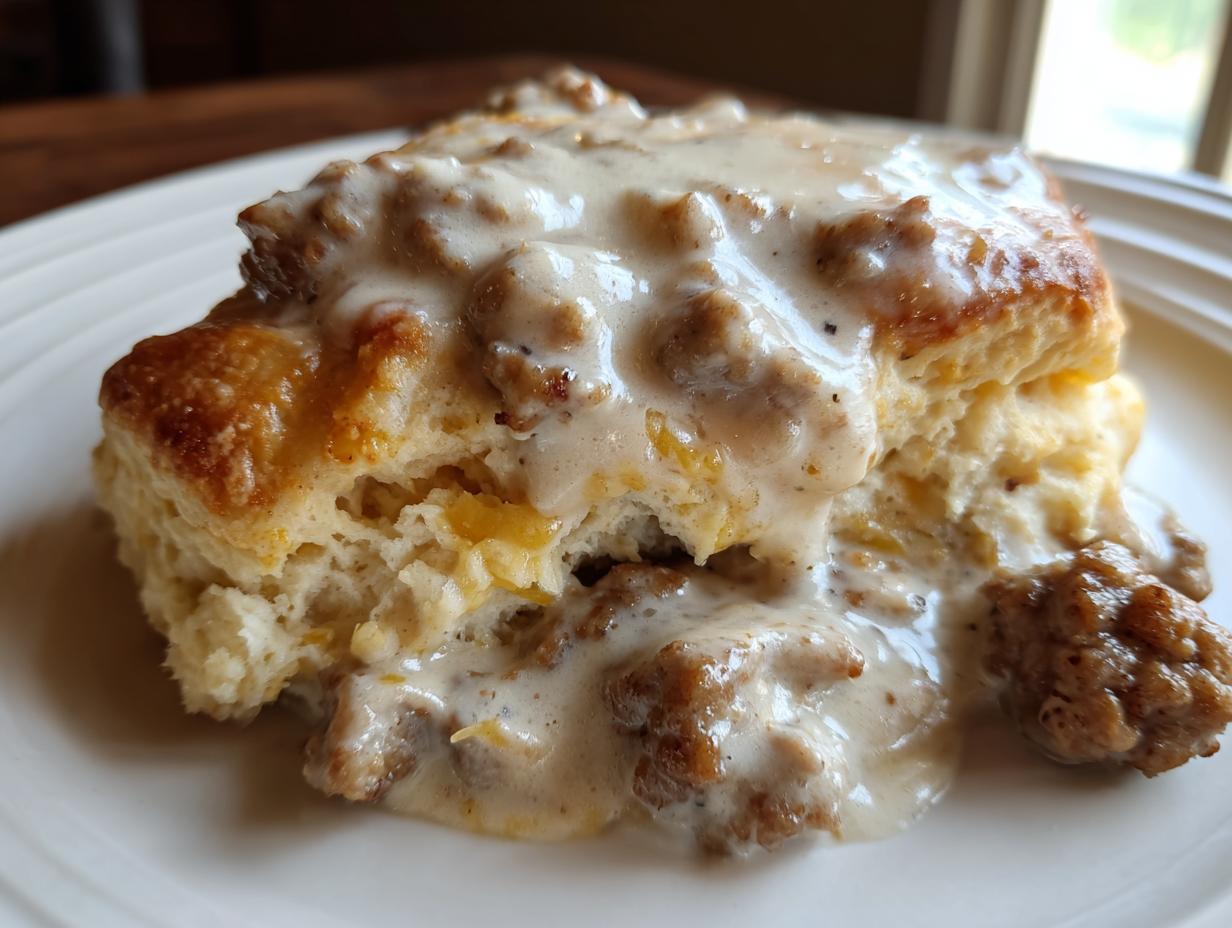 A close-up view of fluffy biscuits smothered in creamy sausage gravy, a classic comfort food.