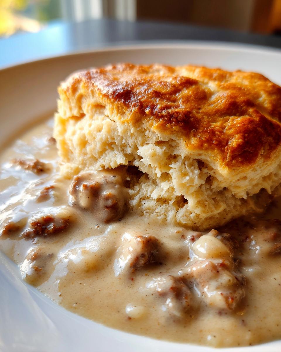 Close-up of a fluffy biscuit partially submerged in creamy sausage gravy, a classic biscuits and gravy dish.