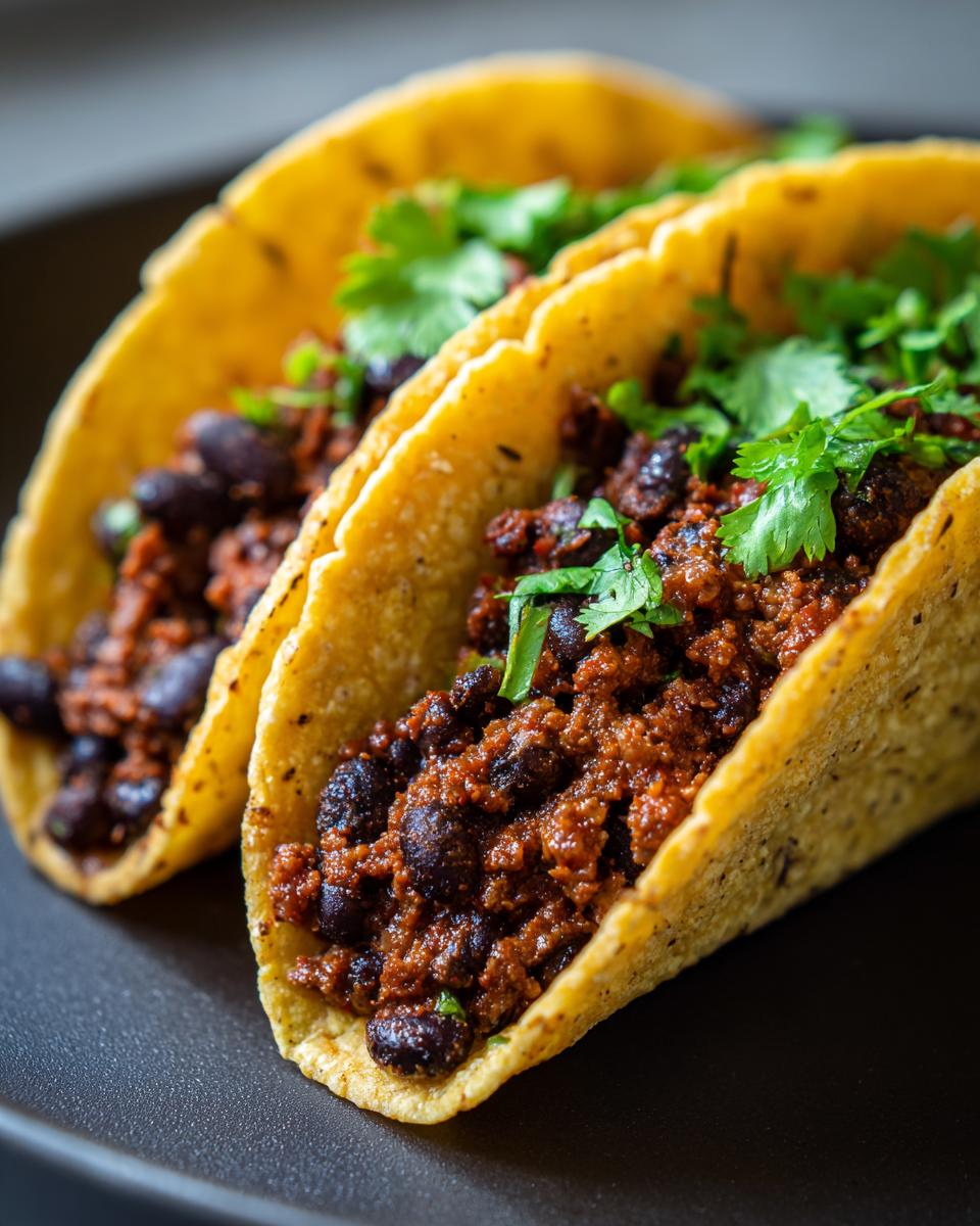 Close-up of two corn tortilla black bean tacos, generously filled and topped with fresh cilantro.