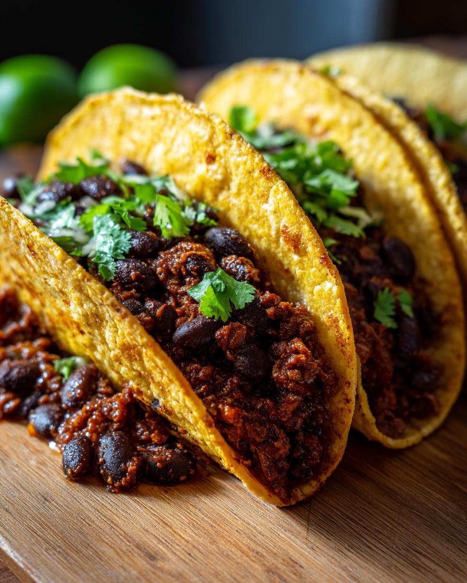 Close-up of three crispy black bean tacos, generously filled and topped with fresh cilantro, on a wooden board.