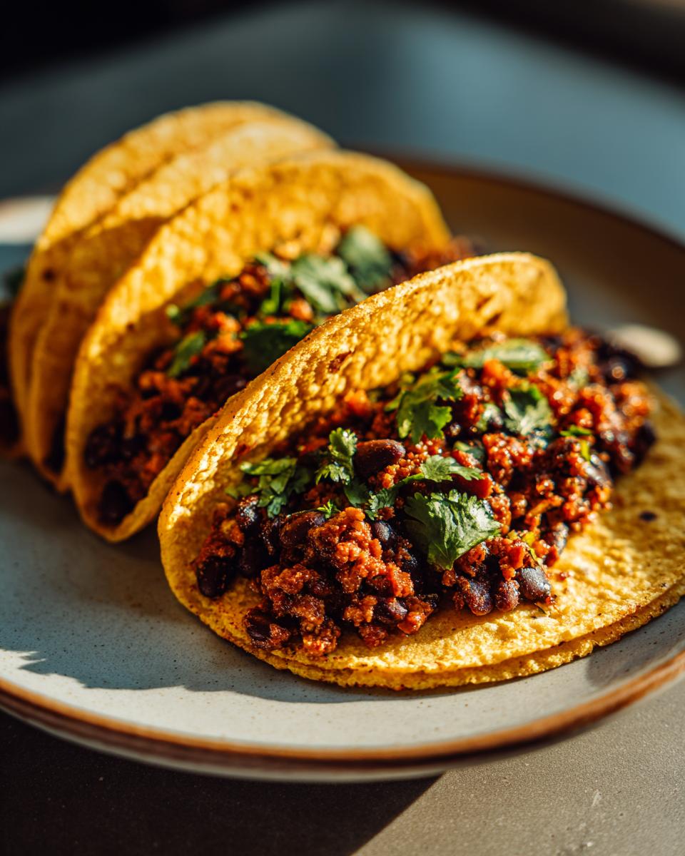 Close-up of two delicious black bean tacos filled with seasoned black beans and topped with fresh cilantro.