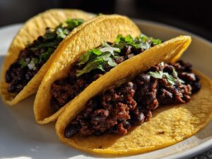 Three flavorful black bean tacos served in crispy corn tortillas, topped with fresh cilantro and diced onions.