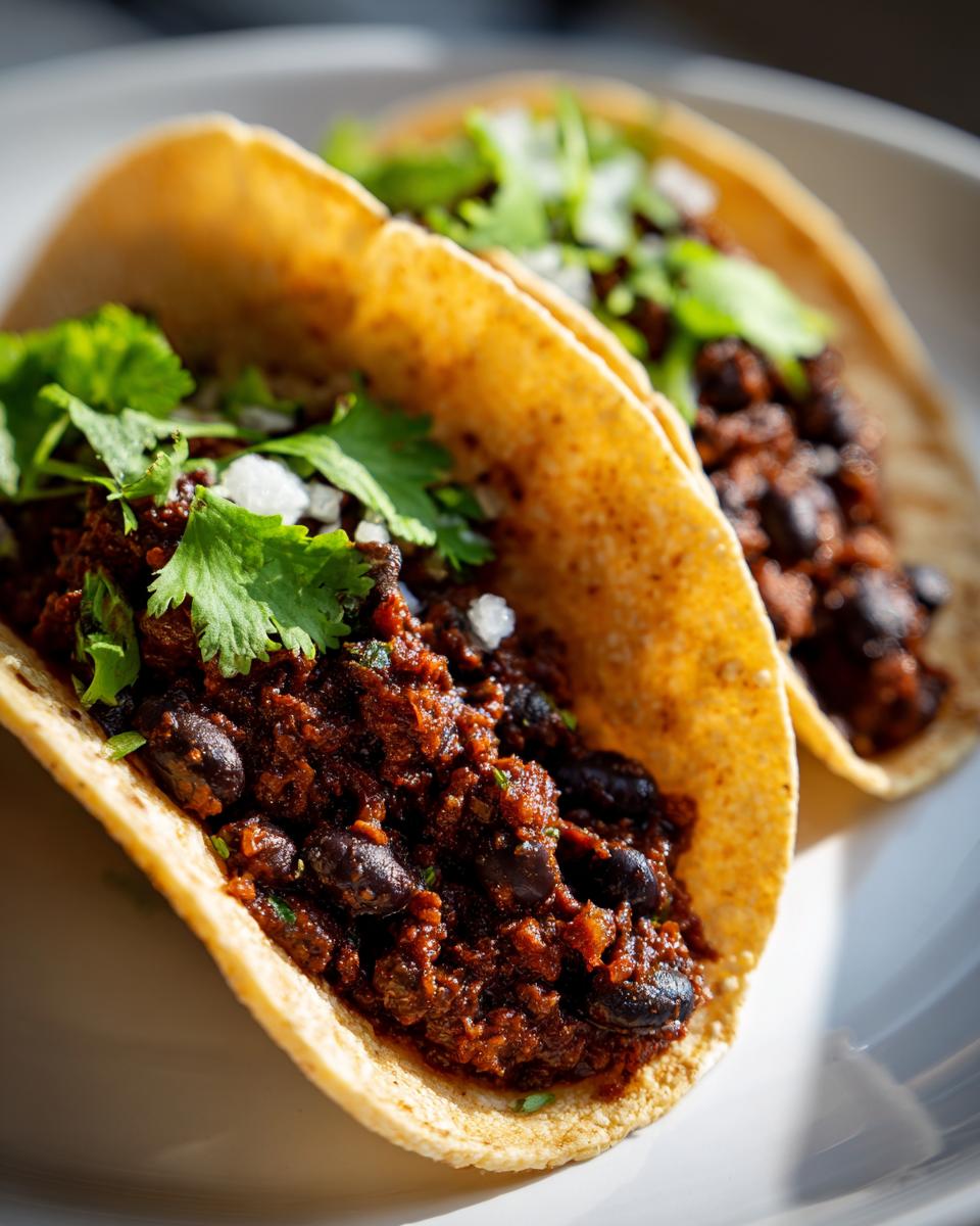 Close-up of two delicious black bean tacos, filled with seasoned black beans and topped with fresh cilantro and diced onions.