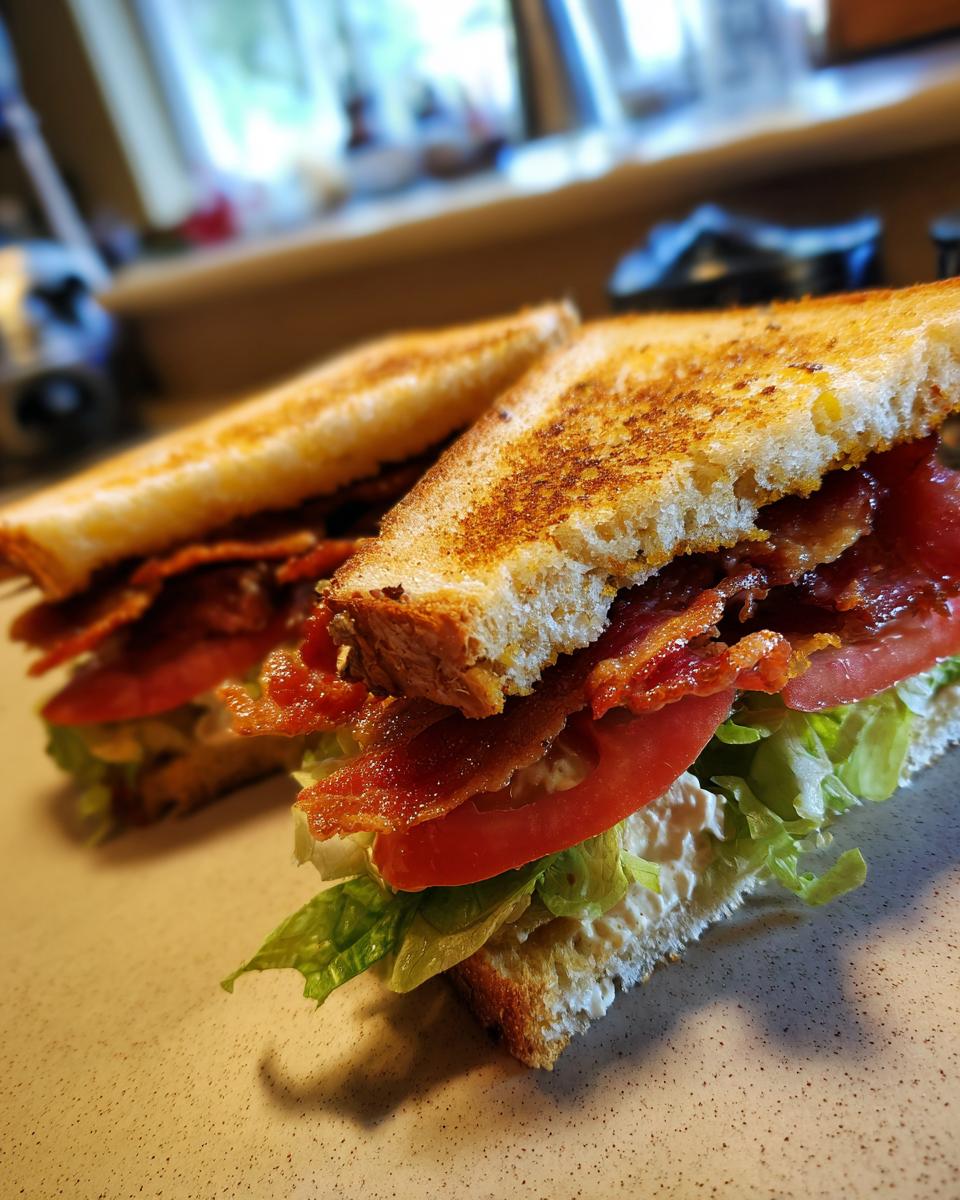 Close-up of a perfect BLT sandwich with toasted bread, crispy bacon, fresh lettuce, and tomato slices.
