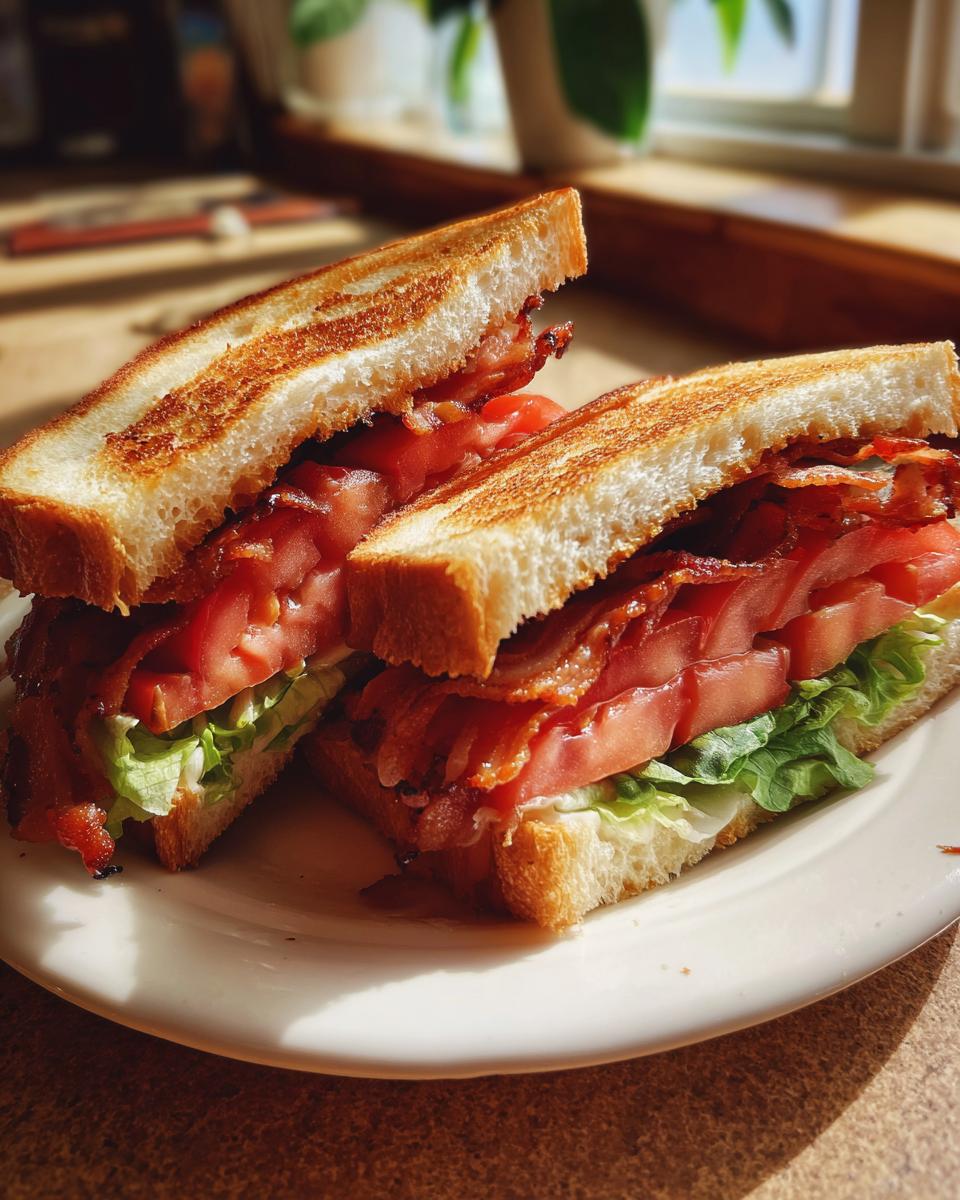 A perfectly made BLT sandwich, featuring crispy bacon, fresh lettuce, and ripe tomatoes on toasted bread.