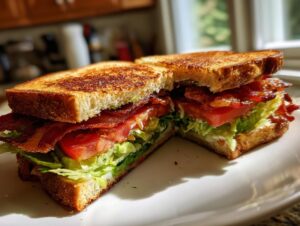 A perfectly assembled BLT sandwich with crispy bacon, fresh lettuce, and ripe tomatoes on toasted bread.
