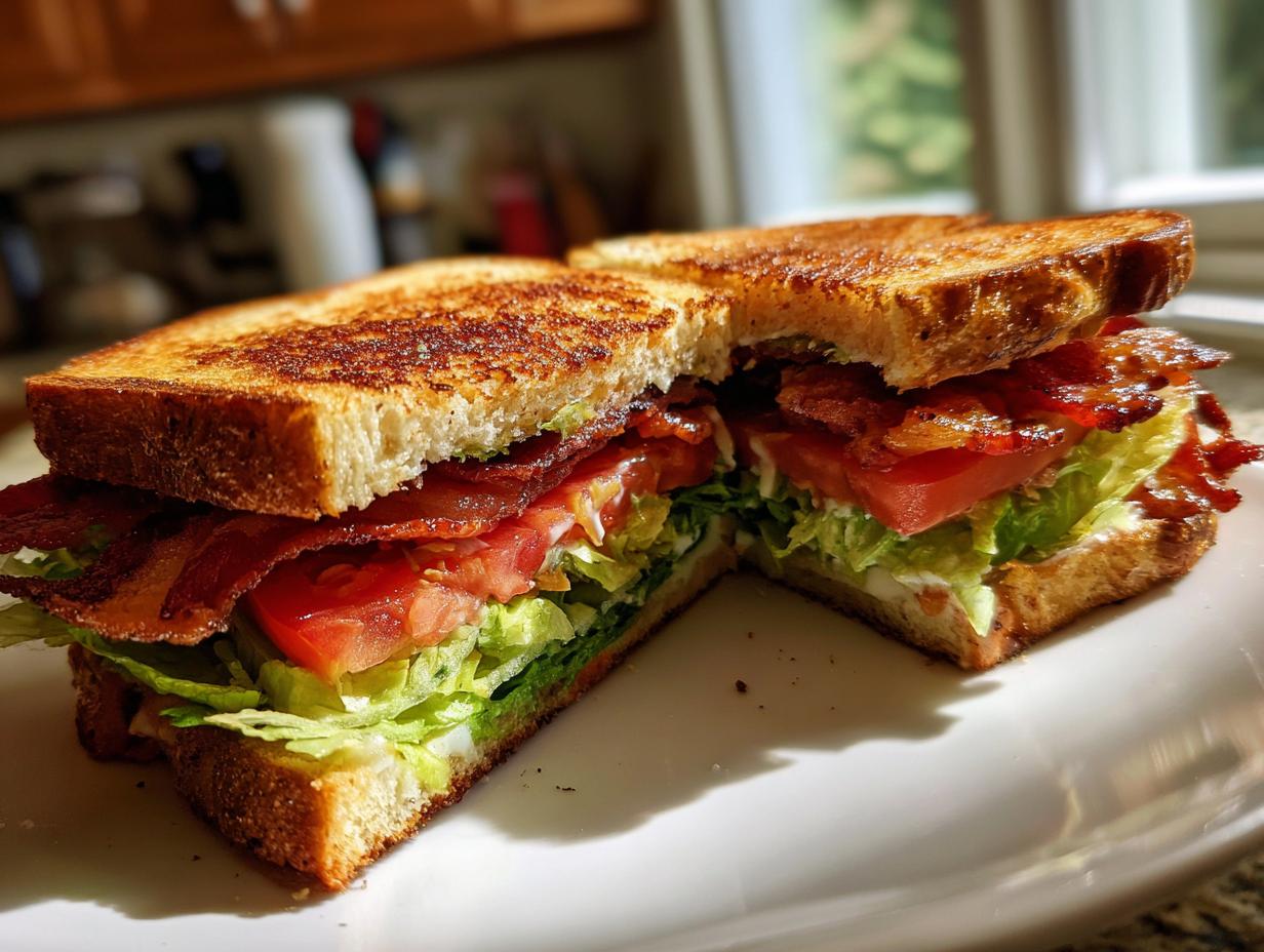 A perfectly assembled BLT sandwich with crispy bacon, fresh lettuce, and ripe tomatoes on toasted bread.