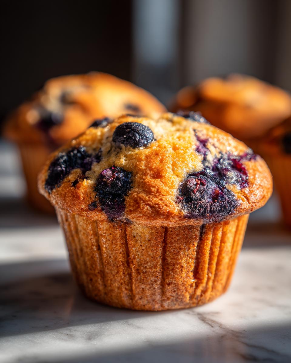 Close-up of a golden-brown blueberry muffin with visible juicy blueberries on top.