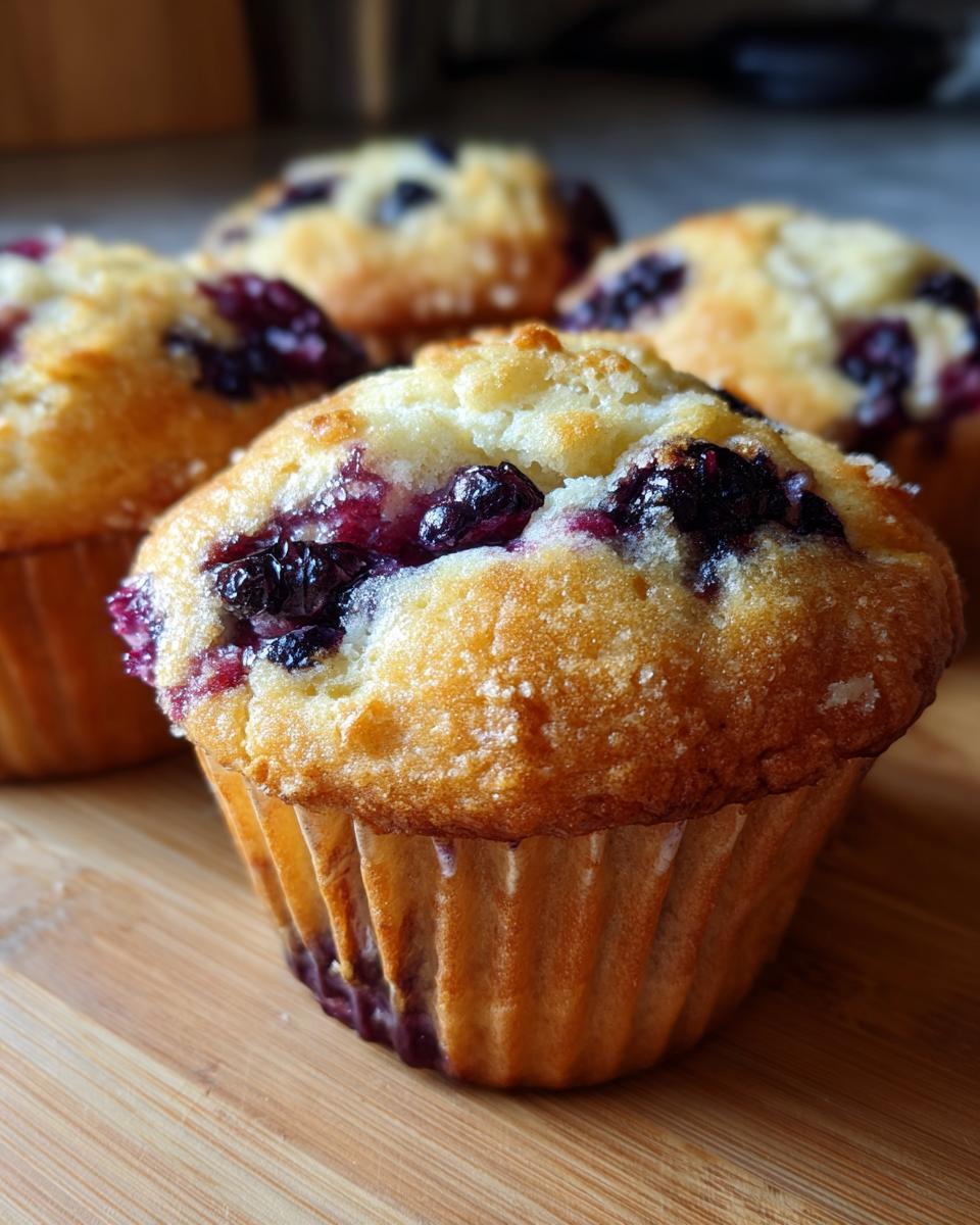 Close-up of a perfect blueberry muffin with visible juicy blueberries and a golden-brown top.