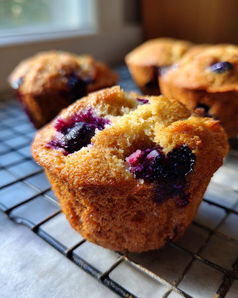 Close-up of a golden-brown blueberry muffin, bursting with juicy blueberries, resting on a cooling rack.