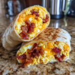 Close-up of a hearty breakfast burrito cut in half, revealing scrambled eggs, melted cheese, and crispy bacon.