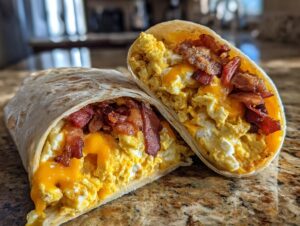 A delicious breakfast burrito cut in half, showing scrambled eggs, melted cheddar cheese, and crispy bacon inside.
