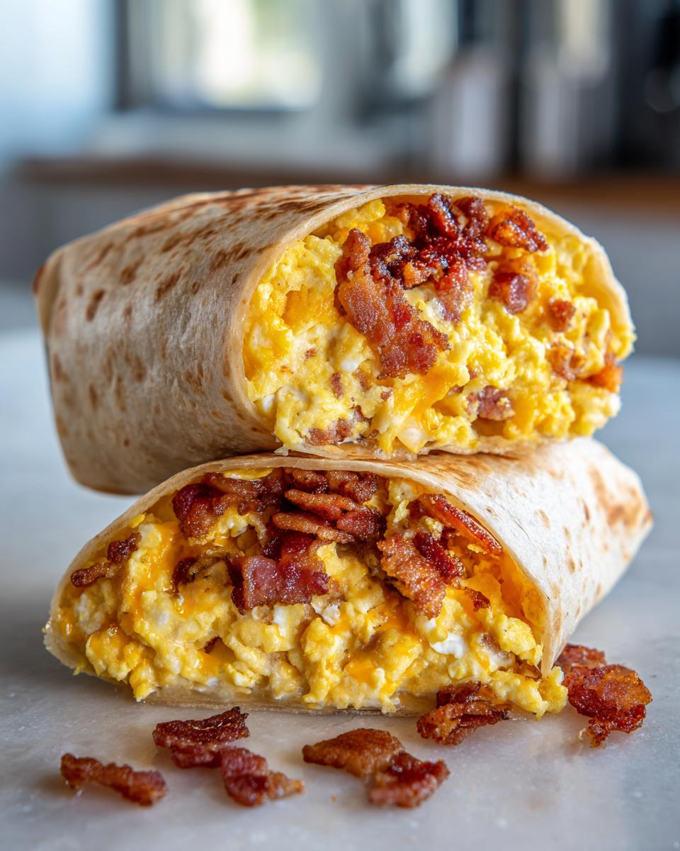 A close-up of a breakfast burrito cut in half, revealing scrambled eggs, cheese, and crispy bacon.
