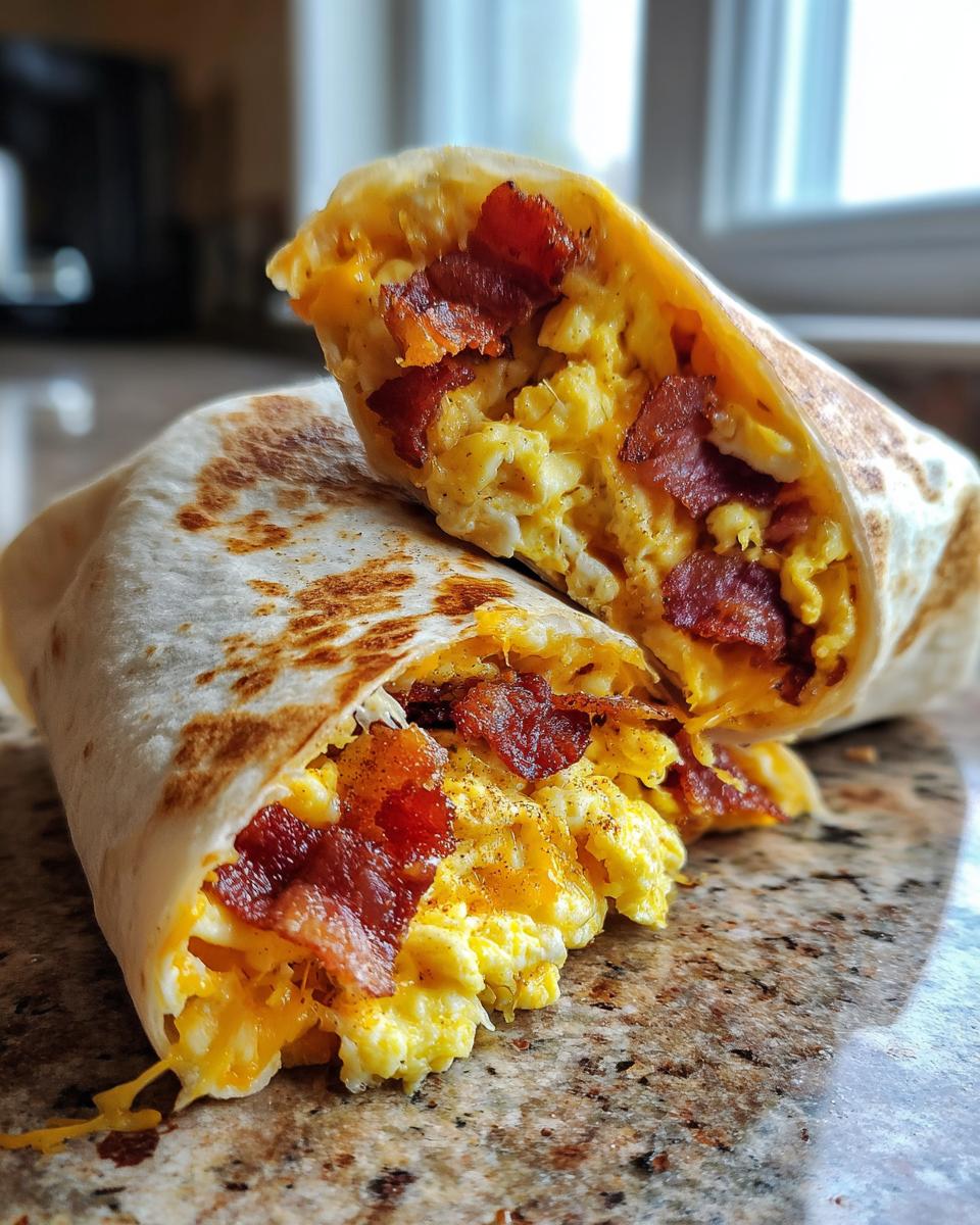 A close-up of a hearty breakfast burrito cut in half, revealing scrambled eggs, crispy bacon, and melted cheese.