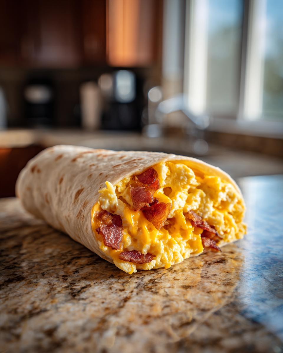 A close-up of a delicious breakfast burrito filled with scrambled eggs, melted cheese, and crispy bacon.