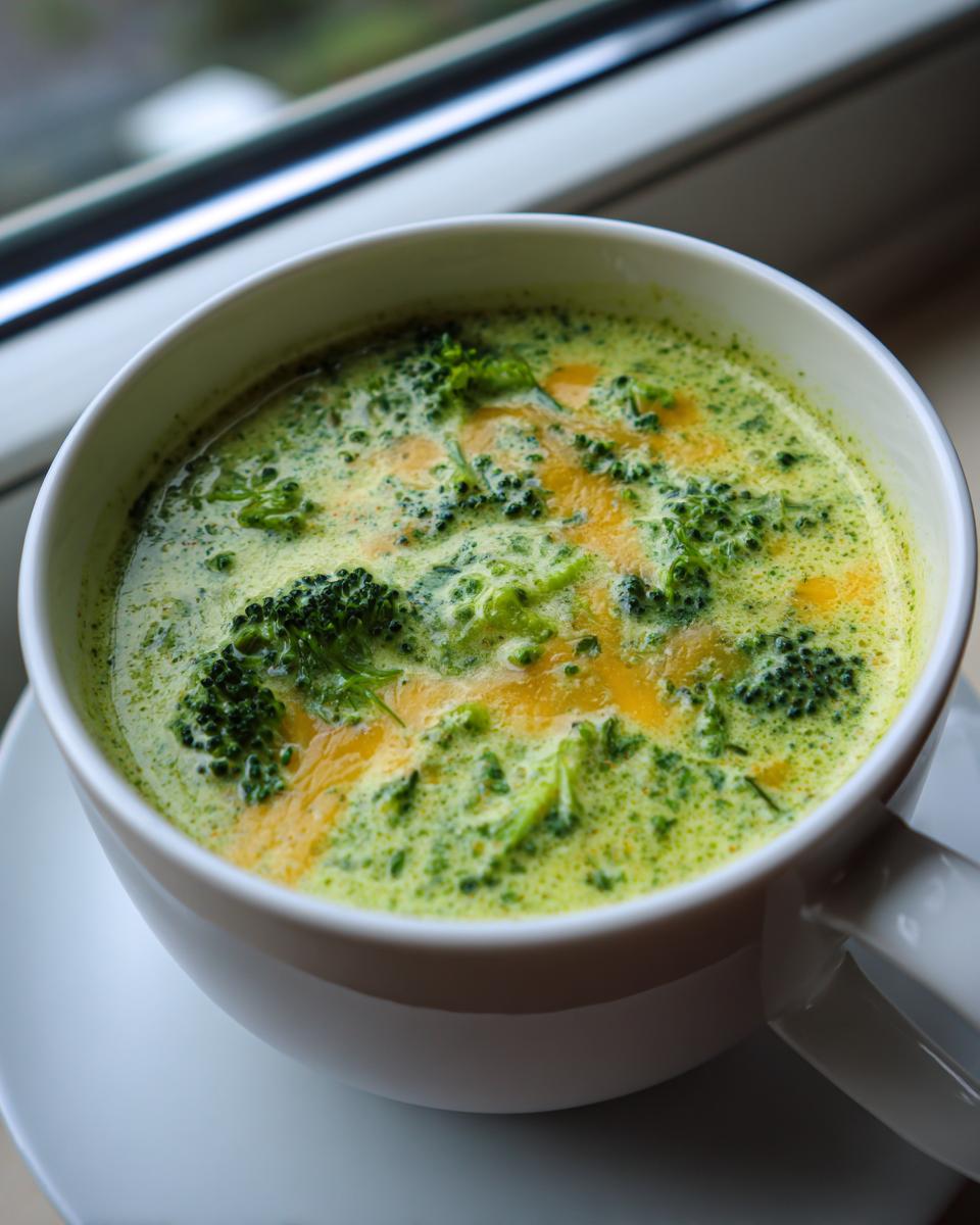 A close-up shot of a steaming bowl of creamy Broccoli Cheddar Soup, topped with fresh broccoli florets and melted cheddar cheese.