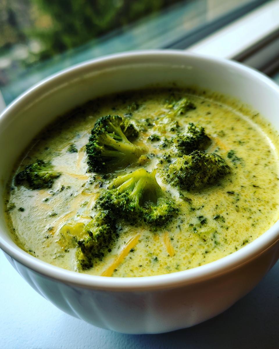 Close-up of a white bowl filled with creamy Broccoli Cheddar Soup, featuring florets and melted cheddar cheese.