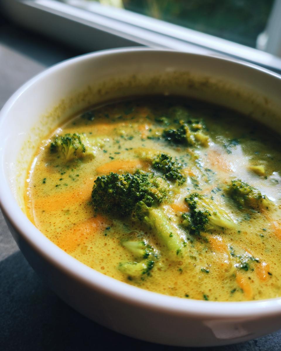 A close-up of a steaming bowl of creamy Broccoli Cheddar Soup with visible broccoli florets and shredded carrots.