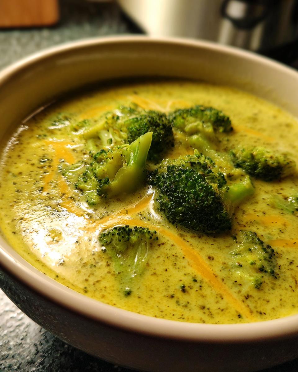 Close-up of a creamy Broccoli Cheddar Soup with fresh broccoli florets and melted cheddar cheese.