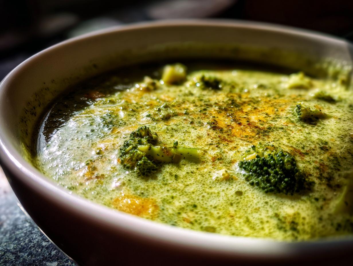 A close-up shot of a bowl of creamy Broccoli Cheddar Soup, featuring visible florets and a sprinkle of seasoning.