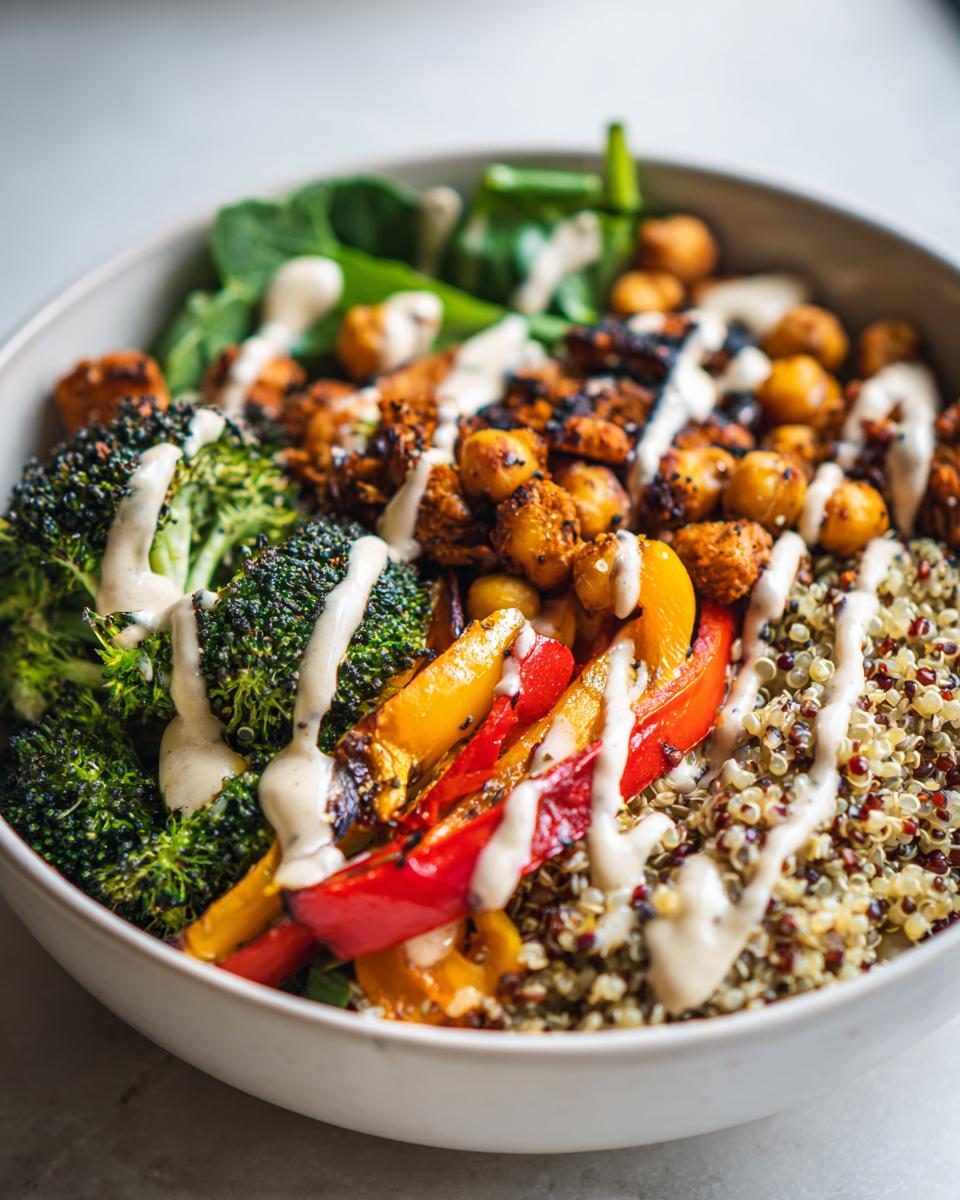 A vibrant and healthy Buddha bowl filled with quinoa, roasted broccoli, bell peppers, chickpeas, and a creamy tahini dressing.